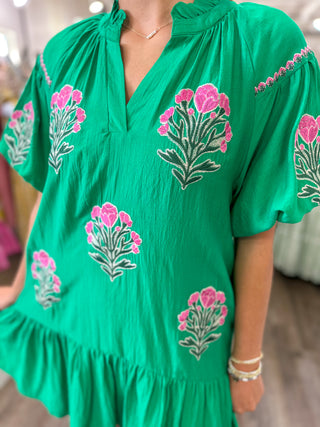 Kelly Green Cottage Bloom Embroidered Bubble Sleeve Mini Dress