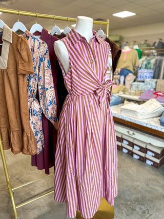 Pink Espresso Striped Tie Waist Midi Dress