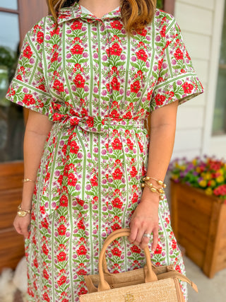Red Sweet Stroll Floral Belted Midi Dress