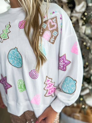 Pink Gingerbread House Family Tradition Sequin Sweatshirt