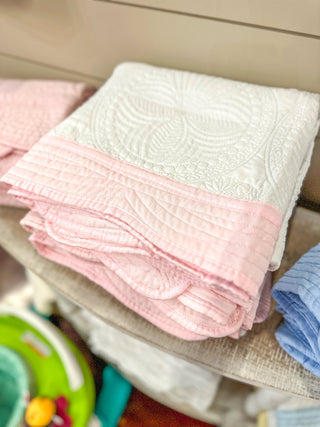 White W/ Pink Trim Baby Quilt