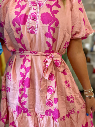 Light Pink Summer In Santorini Floral Belted Mini Dress