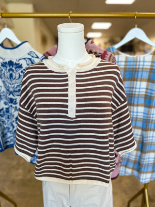 Brown & Ivory Striped Short Sleeve Henley Knit Top
