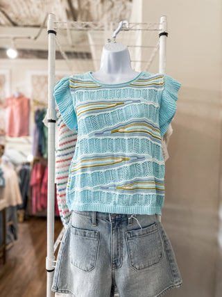 Aqua Blue Ruffle Sleeve Pointelle Sweater Top