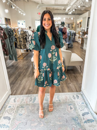Hunter Green Amber Bloom Garden Mini Dress