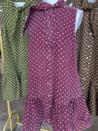 Burgundy Polished Polka Dots Tie Neck Mini Dress