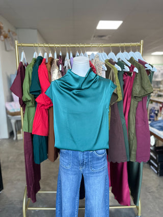 Hunter Green All Dressed Up Satin Cowl Neck Blouse