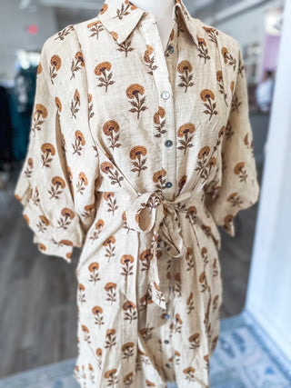 Tan Floral Whispers Tie Waist Mini Dress