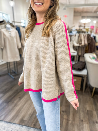 Taupe Color Contrast Trim Sweater