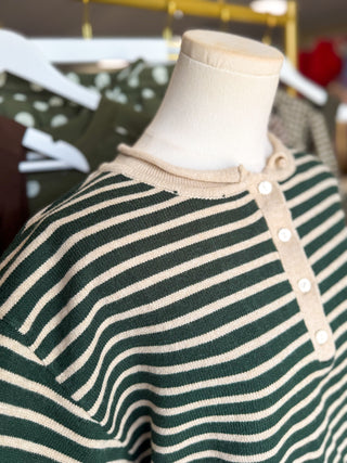 Green & Tan Striped Short Sleeve Henley Knit Top