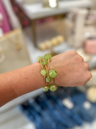 Green Beaded W/ Gold Bar Set of 3 Stretch Bracelets