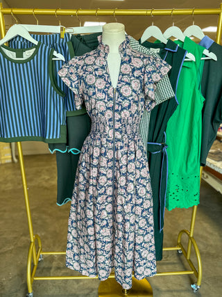 Navy Floral Conservatory Flutter Sleeve Zip Midi Dress