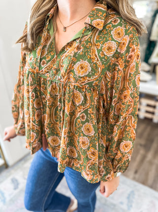 Olive Multi Floral Boho Tassel Blouse