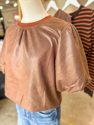 Brown Modern Faux Leather Blouse