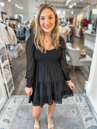 Chasing Daydreams Sheer Long Sleeve Smocking Tiered Dress