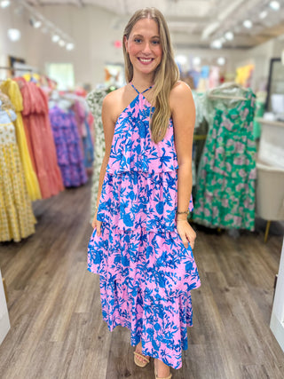 The Pink Palm Paradise Halter Maxi Dress