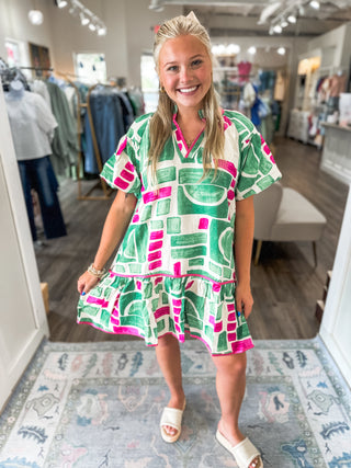 Green & Hot Pink Mosaic Mini Dress