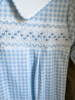 Emmett Blue Mini Checks Smocked Collard Footie- Magnolia Baby