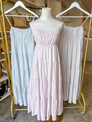 Soft Pink Stripe Shirred Empire Waist Midi Dress