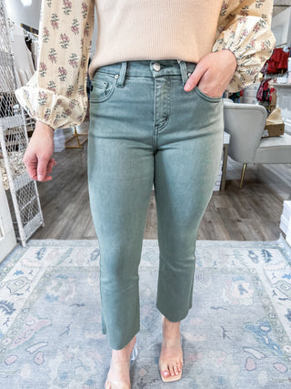 Deep Olive High Rise Crop Bootcut Jeans