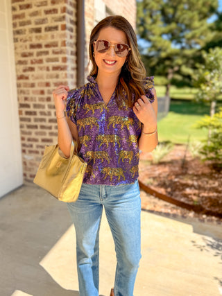 Game Day Sparkle Tiger Sequin Flutter Sleeve Tank