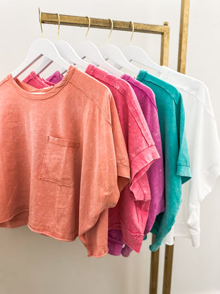 Coral Comfy Acid Washed Relaxed Fit Shoulder Tees