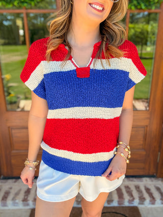 Red & Royal Blue Color Block Textured Crochet Sweater Top