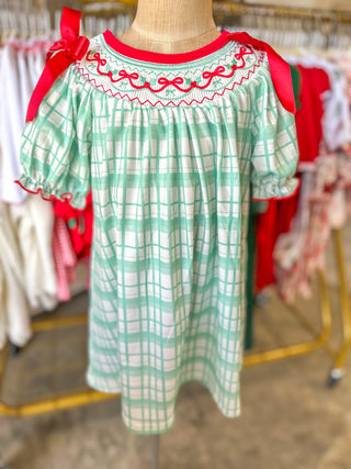 Christmas Girls Smocked Embroidery Green Plaid Dress