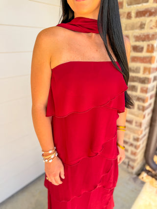 Wine Ruffled Romance Maxi Dress W/ Neck Scarf