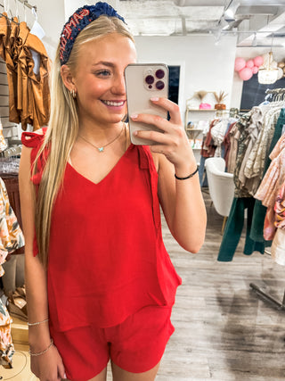 Red V-Neck Flowy Self Tie Tank Top