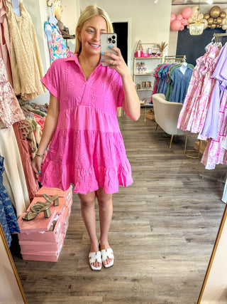 Bubblegum Pink Floral Eyelet Split Neck Tiered Dress