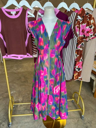 Magenta Bold Botanicals Zip Midi Dress