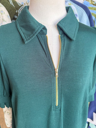 Hunter Green Pretty In Pleats Half Zip Mini Dress