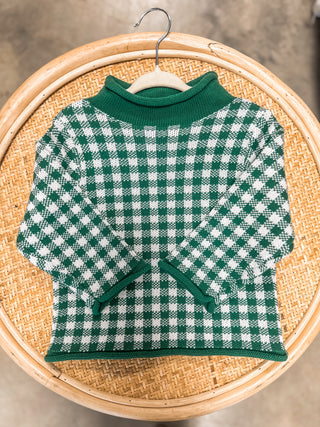 Green Gingham Rolled Neck Sweater