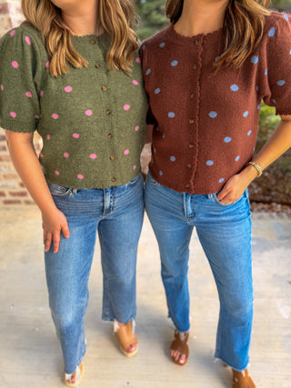 Cocoa & Baby Blue Polka Dot Scalloped Trim Sweater
