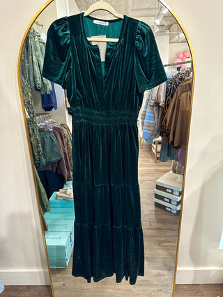 Royal Green Velvet Tiered Maxi Dress