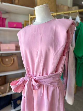 Pink Padded Shoulder Bow Belted Romper