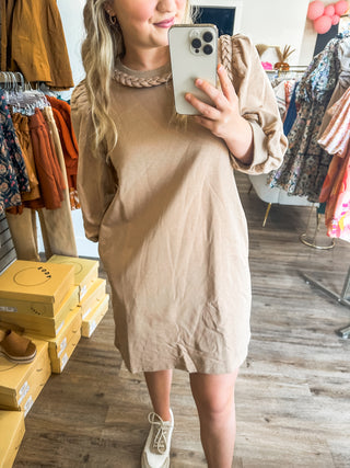 Light Mocha Braided Sophistication 3/4 Sleeve Dress