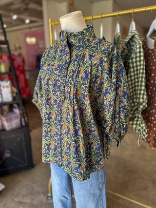Navy Vintage Vine Ruffle Collar Blouse