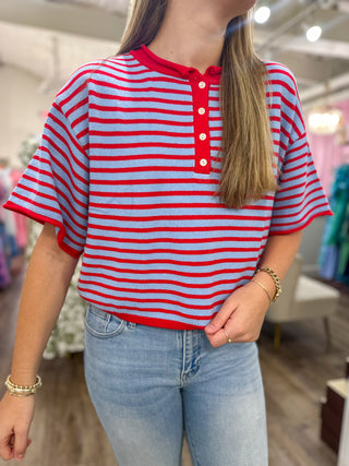 Blue & Red Striped Short Sleeve Henley Knit Top