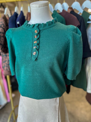 Sea Green Feminine Edge Puff Sleeve Sweater