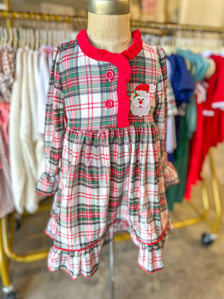 Girls Christmas Plaid Dress W/ Santa Applique & Ruffle