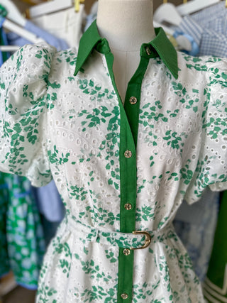 Green Eyelet Dream Belted Mini Dress
