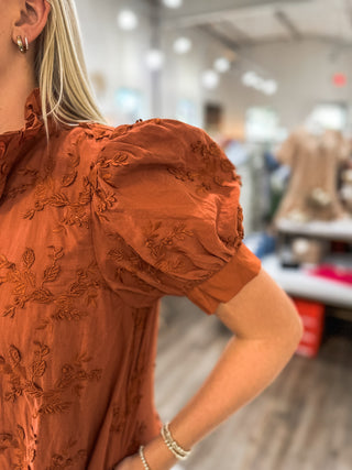Caramel Adorned in Ivy Vine Applique Button-down Dress