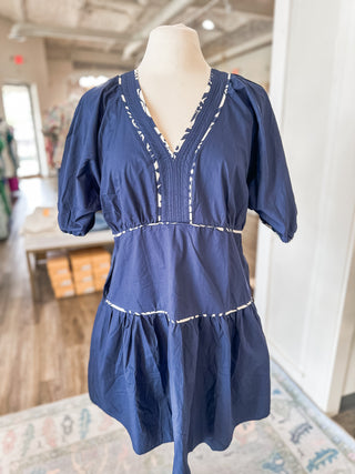 Navy Contrast Print Piping Tiered Woven Dress