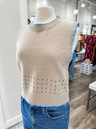 Beige & Blue Playful Trim Sweater Vest