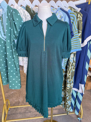 Hunter Green Pretty In Pleats Half Zip Mini Dress