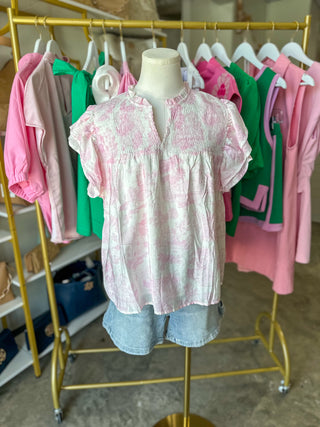 Pink Garden Toile Smocked Top
