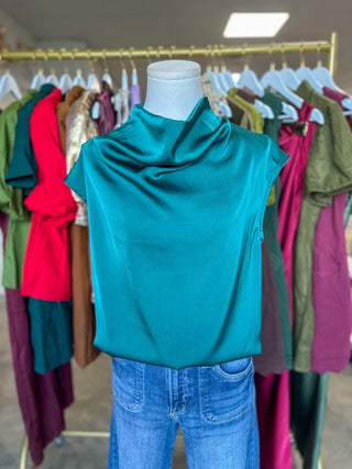 Hunter Green All Dressed Up Satin Cowl Neck Blouse