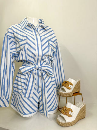 Miss America Blue & White Tie Waist Stripe Romper